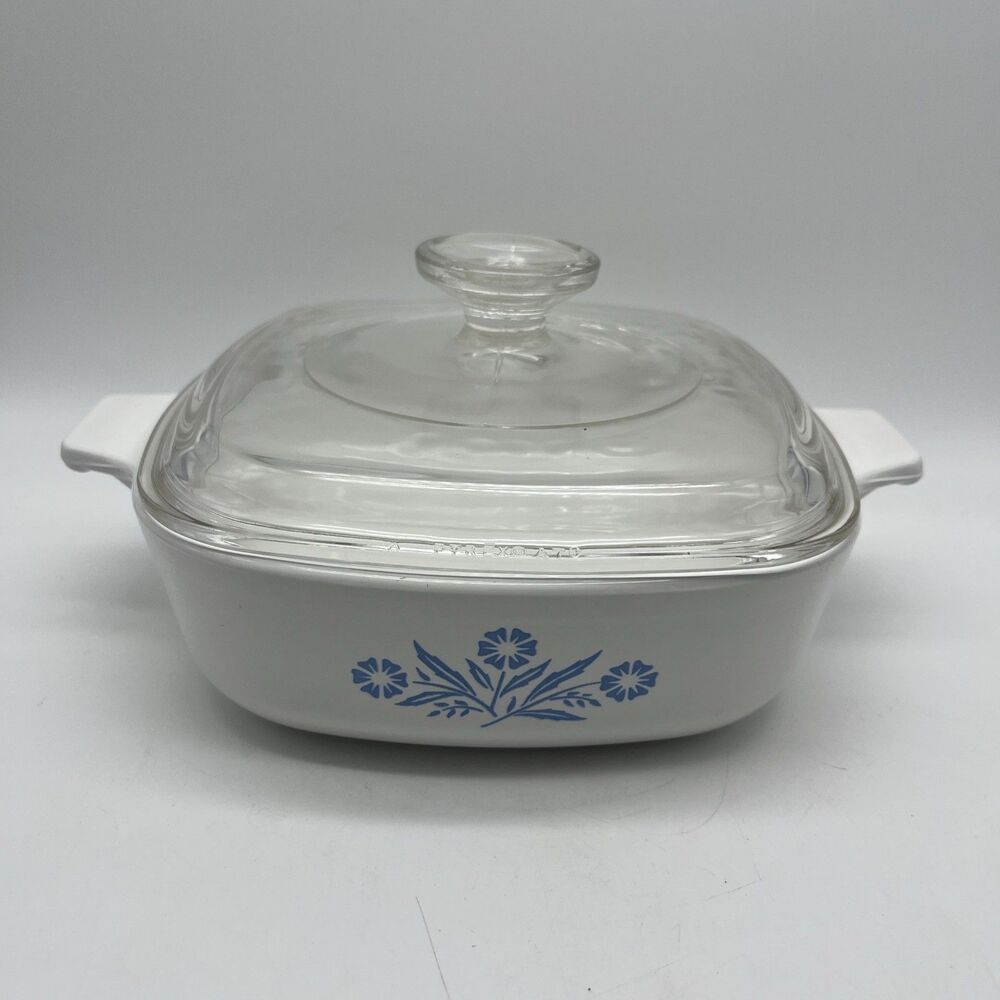 Vintage CorningWare 1 Quart Casserole Dish, Blue Cornflower, P-1-B, w PYREX Lid